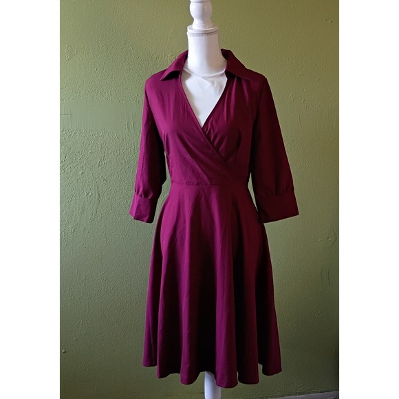 Unbranded Dresses & Skirts - Librarian Chic Dark Academia Burgundy Surplice Fit & Flare Dress 3/4 Sleeve L.